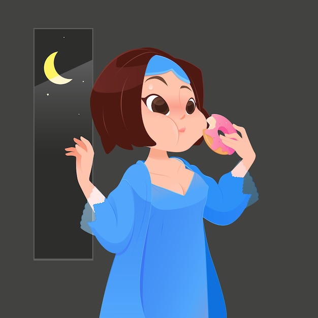 ドーナツを食べる青いナイトライフのイラストの女性 プレミアムベクター