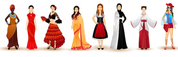 Illustration of women in traditional attire from different countries. Premium Vector