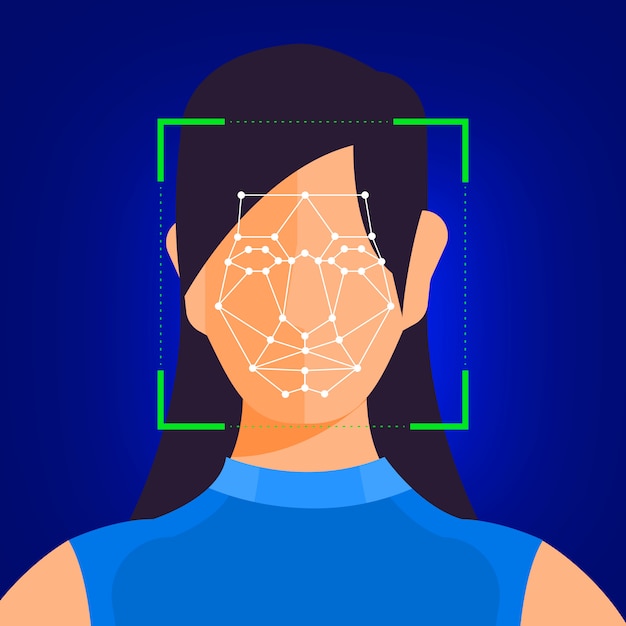 イラストコンセプトの顔認識技術は スキャンのために人間の顔にポートレートクローズアップで表示されます バナーのウェブサイトの発行者または雑誌用 説明します プレミアムベクター