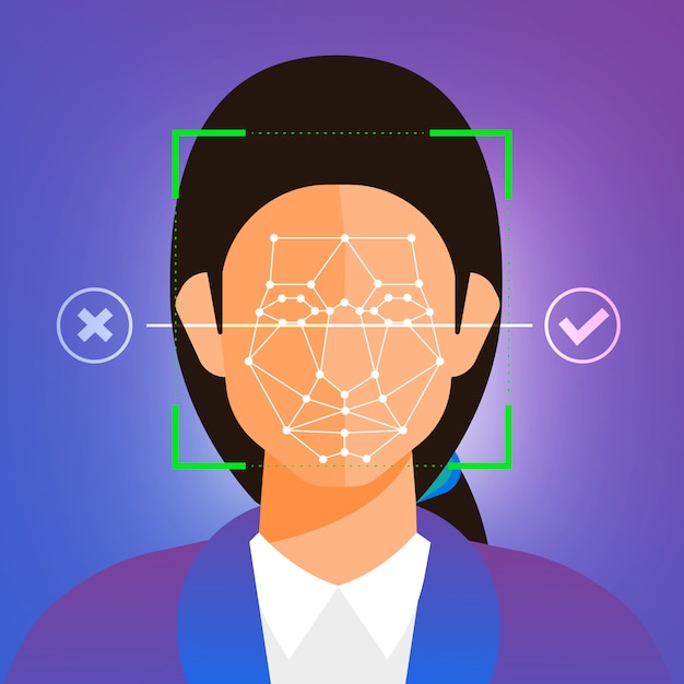 イラストコンセプトの顔認識技術は スキャンのために人間の顔にポートレートクローズアップで表示されます バナーのウェブサイトの発行者または雑誌用 説明します プレミアムベクター