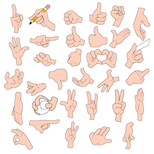 Premium Vector Illustrations pack of cartoon hands in various gestures.