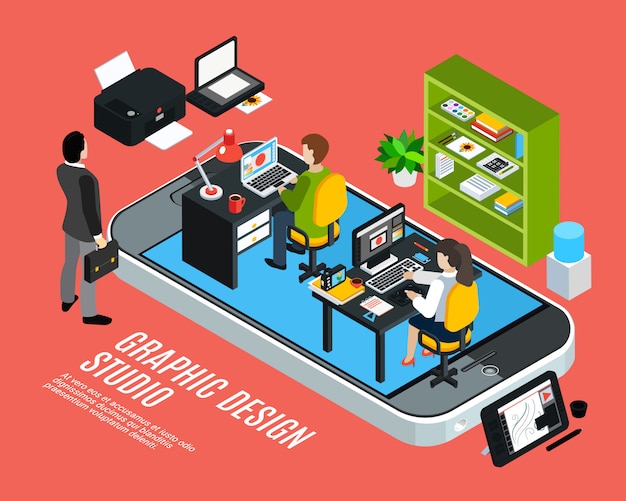 Download Illustrator or designer working at graphic design studio isometric colorful concept 3d vector ...