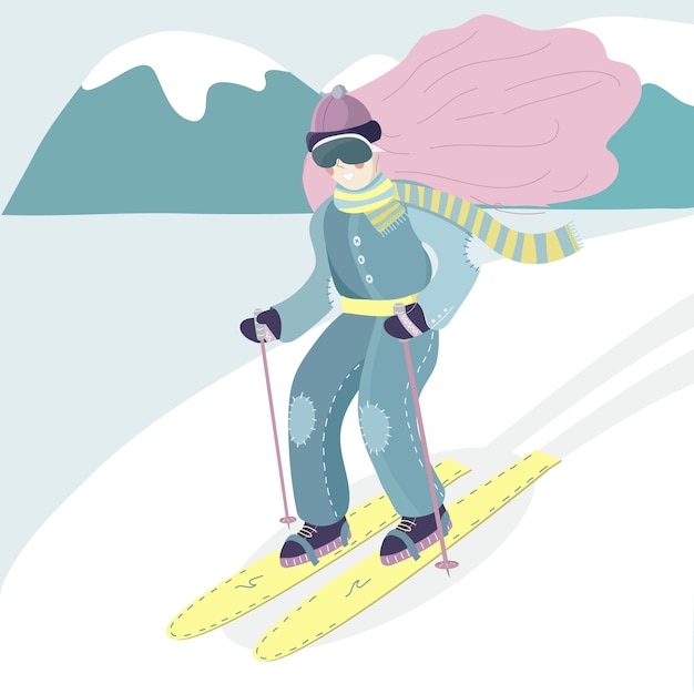 スキーの女の子のイラスト 女性スキーヤーが丘を下っています プレミアムベクター