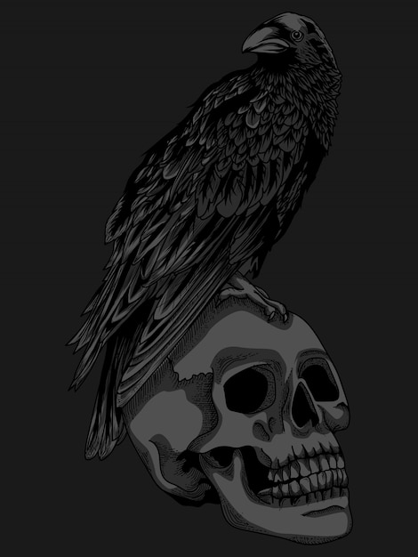 Ilustration and tshirt design crow and skull | Premium Vector