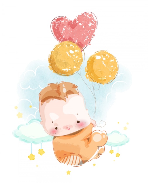 Download An image of a newborn baby for assembling a cute baby shower card floating in the sky with a ...