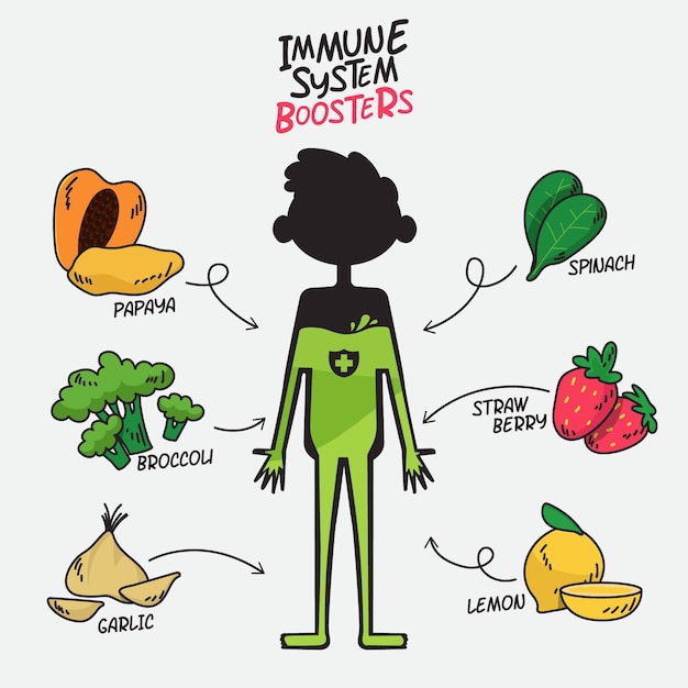 Immune system boosters with fruits and vegetables Free Vector