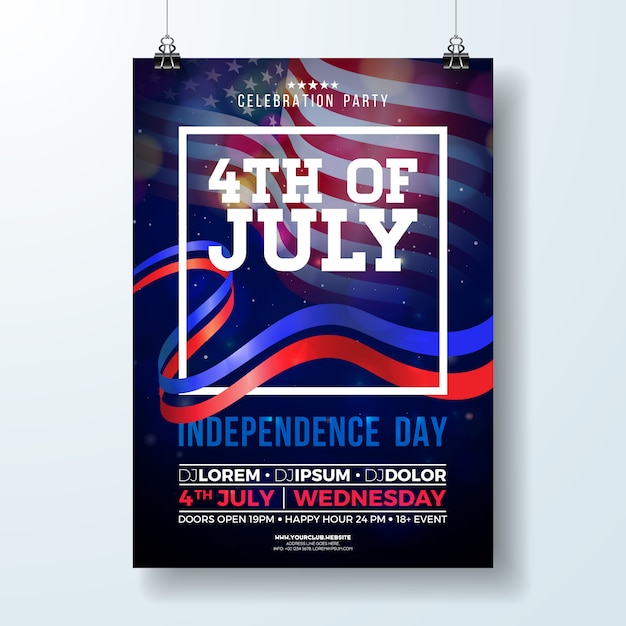 アメリカの独立記念日パーティーフライヤー旗とリボンのイラストレーション プレミアムベクター