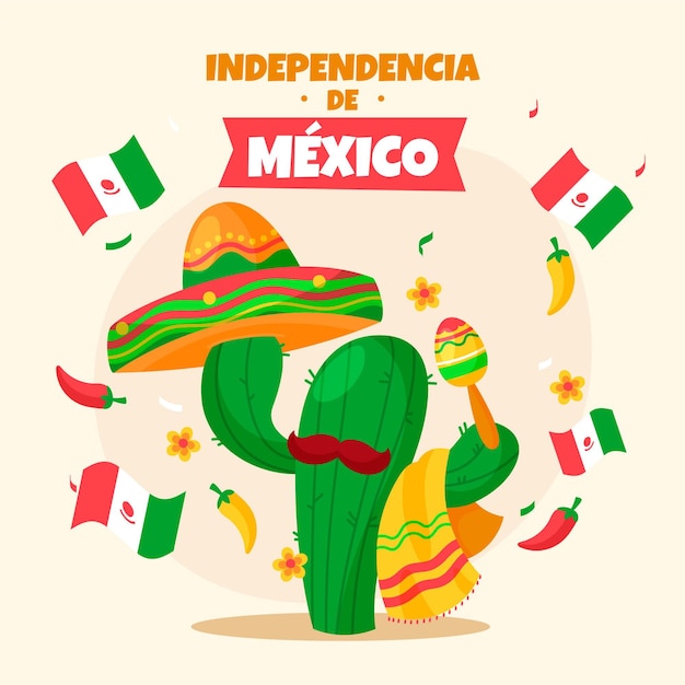 Free Vector Independencia De Mexico With Cactus And Hat