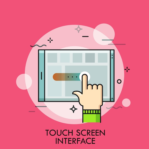 人差し指とタブレットpc タッチスクリーンインターフェース タッチスクリーンソフトウェア 手動情報入力を備えたアプリケーションの概念 モダンなイラスト プレミアムベクター