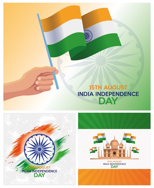 フラグとアイコンを設定してインド独立記念日のお祝い プレミアムベクター