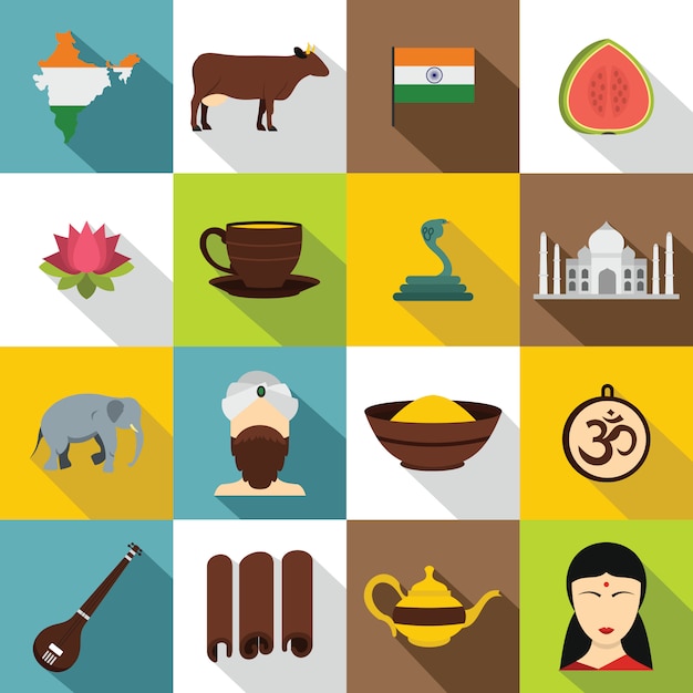 Premium Vector | India travel icons set, flat style