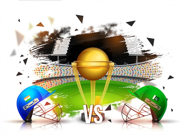 India VS Pakistan Cricket Match concept with\
batsman helmets and golden trophy on stadium background.