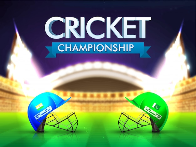 India Vs Pakistan Cricket Match concept with\
batsman helmets on shiny stadium background.