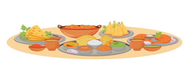 Indian dishes serving cartoon  illustration. Premium Vector