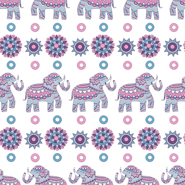 インド象のシームレスなパターン 動物装飾イラストインドベクトル色の背景 プレミアムベクター