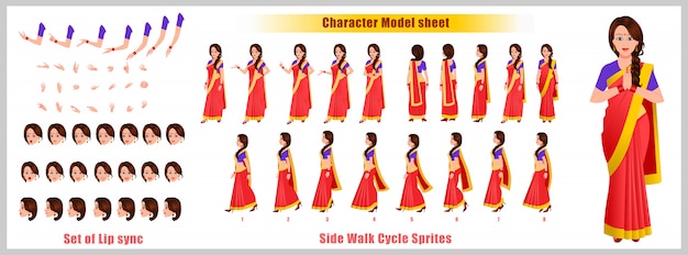  Indian girl character design model sheet with walk cycle animation. girl character design. front, s