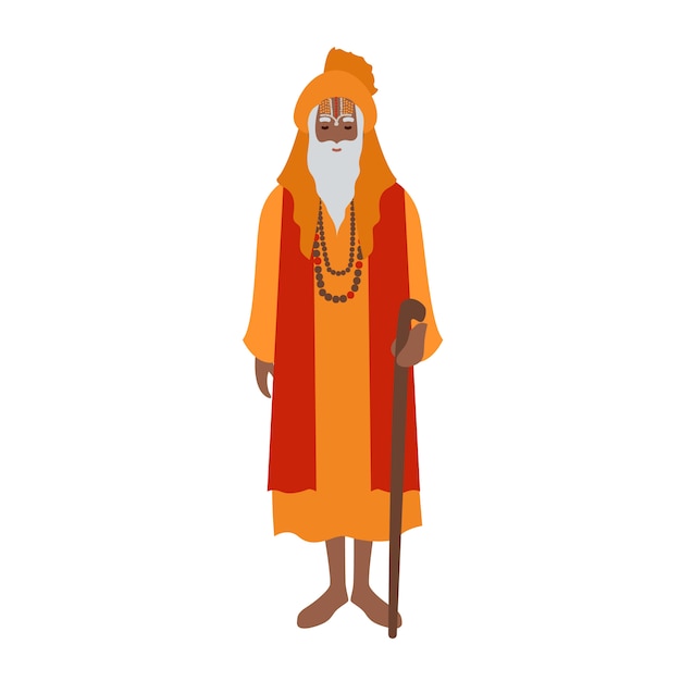 ターバンと伝統的な服を着て 杖を持ったインドの第一人 者 ヒンズー教の聖職者 聖職者または宗教指導者 男性の漫画のキャラクターは 白い背景で隔離 フラットカラフルなイラスト プレミアムベクター