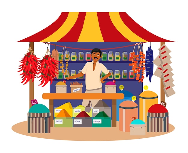 Indian man selling spices in street shop Premium Vector