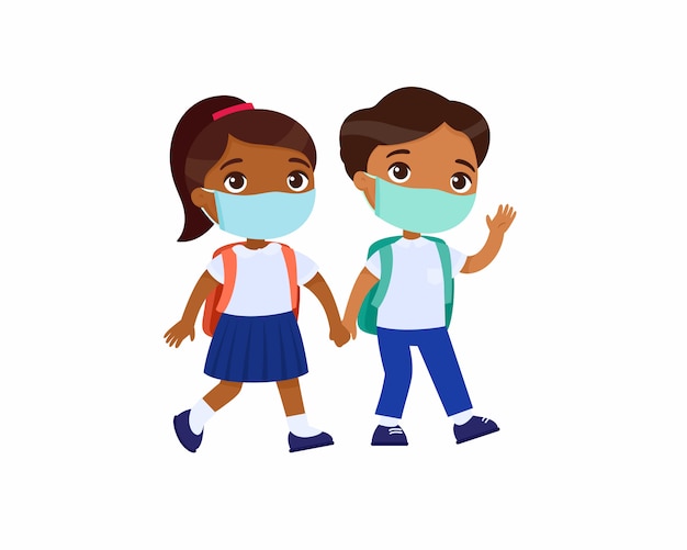 インドの女子高生と男子生徒が学校に行くベクトルイラスト 分離された漫画のキャラクターの手を繋いでいる顔に医療マスクを持つ生徒をカップルします 小学生2人 プレミアムベクター