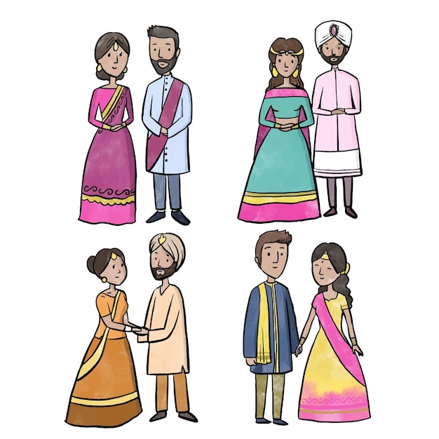 インドの結婚式のキャラクターコレクション 無料のベクター