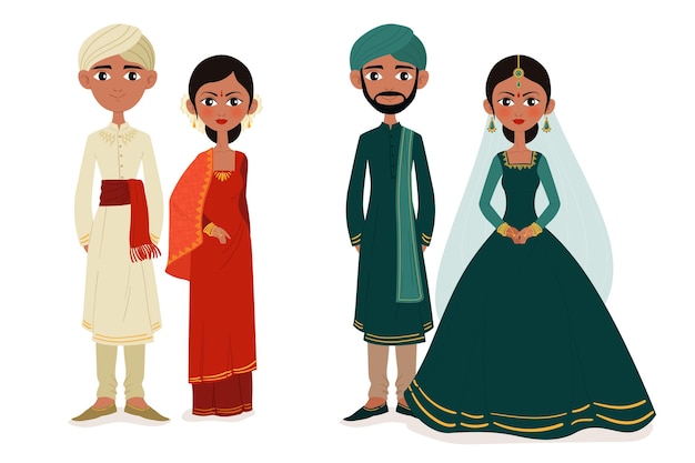 インドの結婚式のキャラクターコレクション 無料のベクター