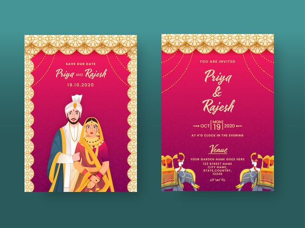 Premium Vector | Indian wedding invitation card in mandala pattern with couple character and ...