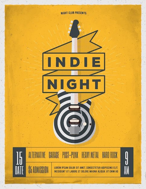 Premium Vector Indie Rock Music Night Party Festival Flyer Poster Banner Template For Your Event Trendy Vintage Styled Illustration