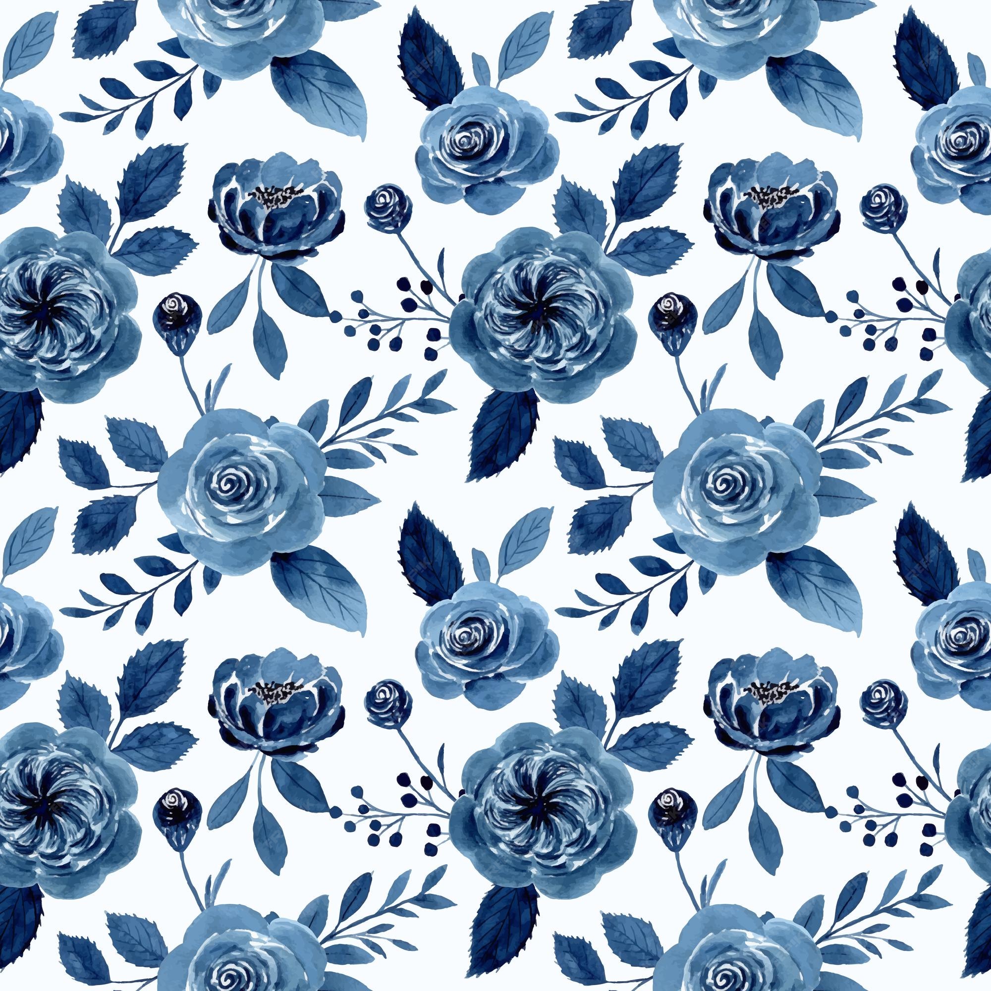 Premium Vector | Indigo blue rose flower watercolor seamless pattern