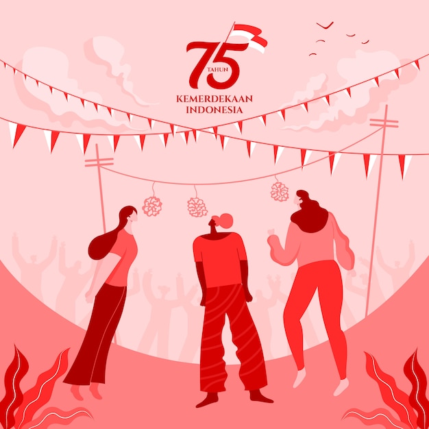 伝統的なゲームのコンセプトイラストとインドネシア独立記念日のグリーティングカード 75 Tahun Kemerdekaanインドネシアは 75年のインドネシア独立記念日を意味します プレミアムベクター