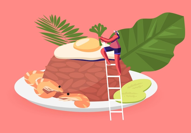 Indonesian cuisine. tiny woman near traditional malaysian meal nasi goreng fried rice with shrimps and egg garnished. cartoon illustration Premium Vector