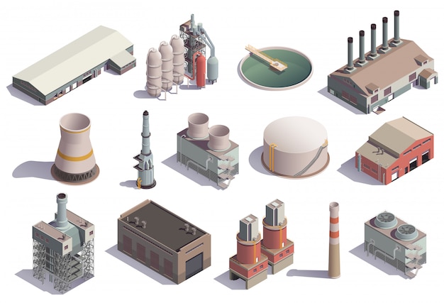 Industrial buildings isometric icons set with isolated images of ...