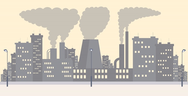 工業地帯の街並みフラットシンプルなイラスト 煙 ガス廃棄物 塵漫画背景を放出する植物 都市の大気汚染 危険物質の排出による環境汚染 Co2問題 プレミアムベクター