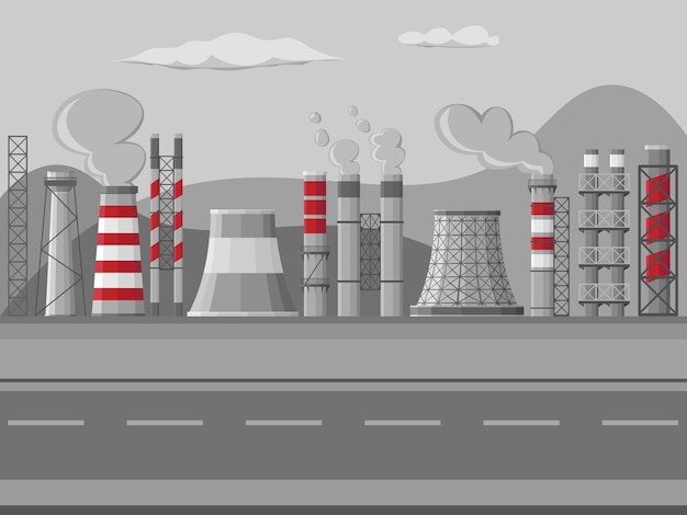 工業工場のパイプ 煙突のイラスト 白い背景の上の有毒な空気の街並みと煙突パイプ工場のセット プレミアムベクター
