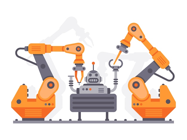 Premium Vector | Industrial manipulators assemble robot. flat illustration