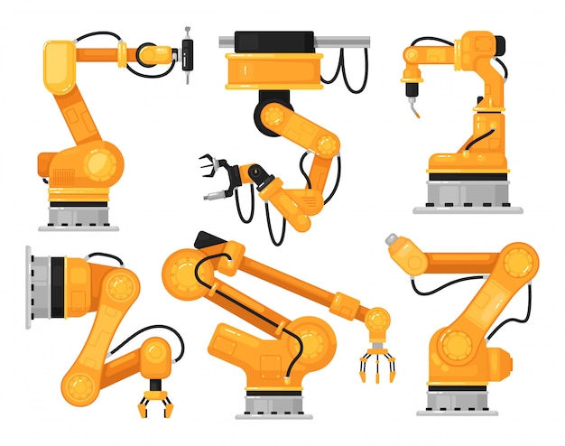 産業用ロボットアーム 生産ラインセットでの自動製造用の工場油圧機械ハンド 自動組立ラインイラストの産業用ロボットマニピュレーター プレミアムベクター