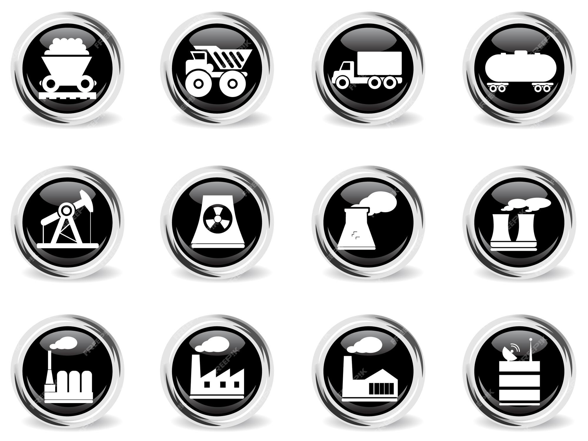 Premium Vector | Industrial symbol on round black button with metal ring