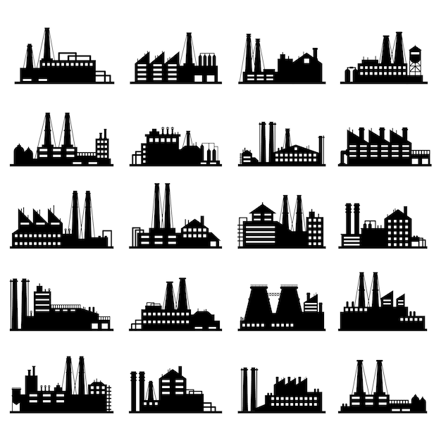 業界のビジネスビル 産業倉庫 製造工場 工場の外観シルエットイラストセット プレミアムベクター