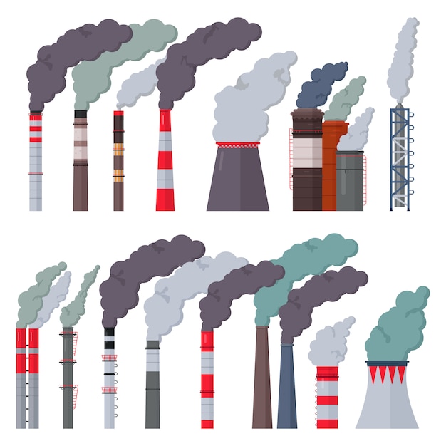 白い背景に分離された有毒な空気と煙突のパイプ工場の環境イラストセットで煙と産業工場産業煙突汚染 プレミアムベクター