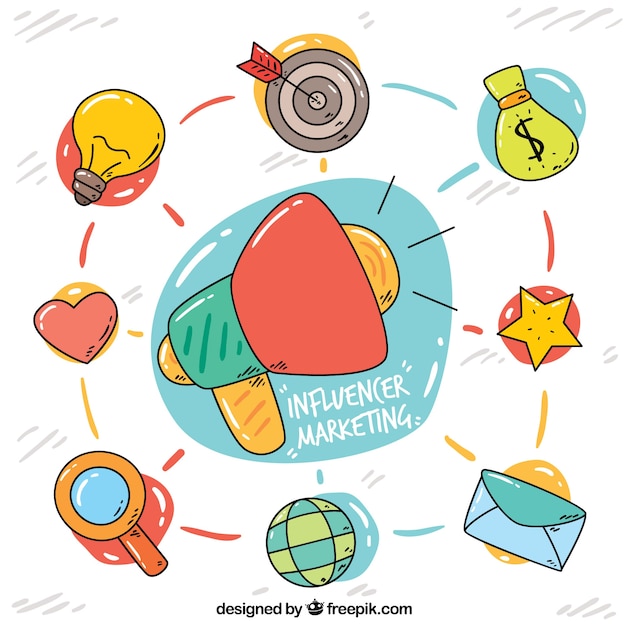 Influence marketing concept with various symbols
