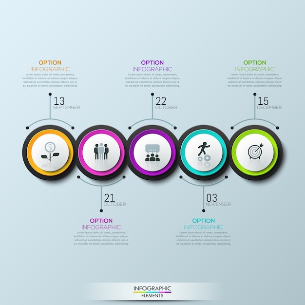 Infographic 5 multicolored circular elements with pictograms Premium Vector