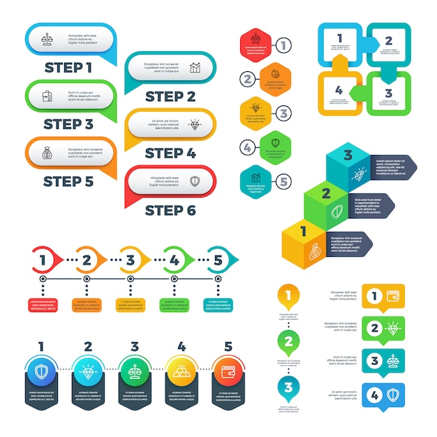 Infographic charts. bar graphs, steps and options elements, flowchart diagrams and timeline. useful 