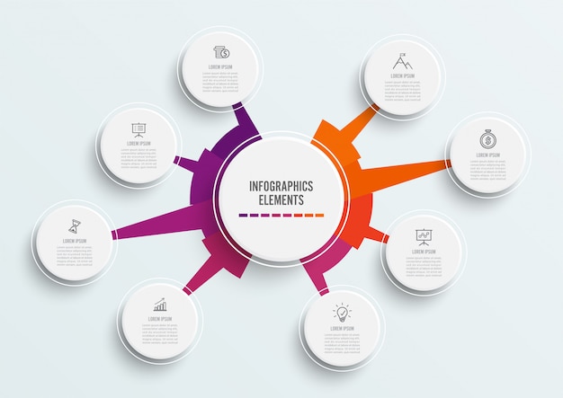 Infographic template with 3d paper label. business eight options. Premium Vector