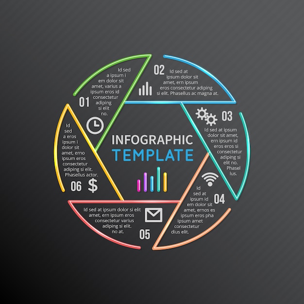 Infographics report template layout circle line shape with 6 options, parts, steps, processes Premium Vector