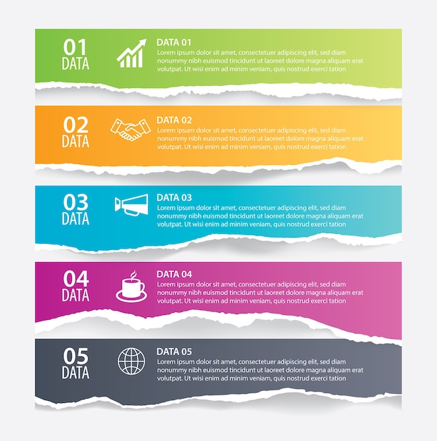 Infographics torn paper in horizontal with 5 data template Premium Vector