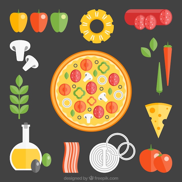 Ingredients of pizza on a black\
background
