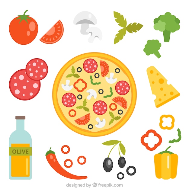 Ingredients of pizza on a white\
background