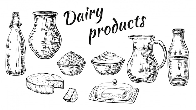 Ink hand drawn sketch style dairy products set Premium Vector