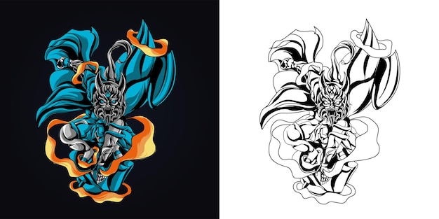 インクとフルカラーの悪魔の猿のアートワークのイラスト プレミアムベクター