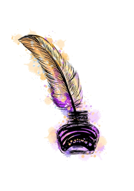  Inkwell with feather from a splash of watercolor, hand drawn sketch.  illustration of paints