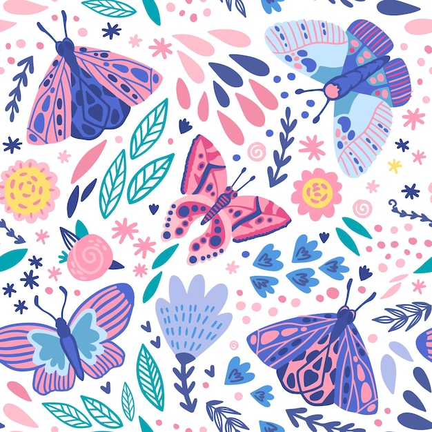 Insects and flowers pattern theme Premium Vector